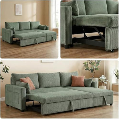 Queen Sleeper Sofa, Convertible Sofa Bed with Storage, 85 Inch Sectional Couch with Pull Out Bed, L Shaped 3 Seat Sectional Sleeper Sofa for Living Room, Apartment, Green