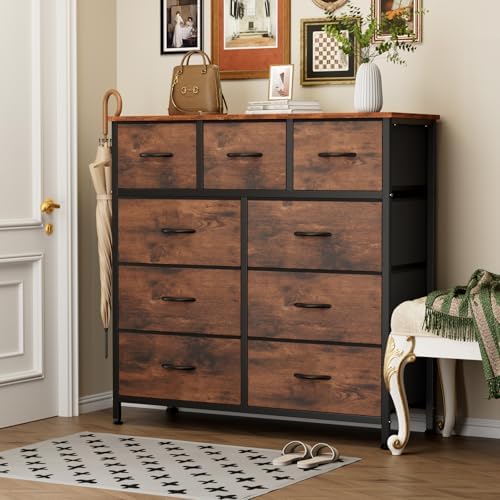Sweetcrispy 9 Drawer Fabric Dresser Storage Tower Drawer Organizer, Brown