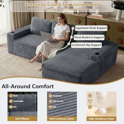104" Cloud Sectional Couch L-Shaped with Side Pockets Cup Holders, Corduroy Boneless Couch for Living Room,Upholstered Deep-Seat Modular Sectional Sofa, No Assembly Required (Grey,Right Facing Chaise)