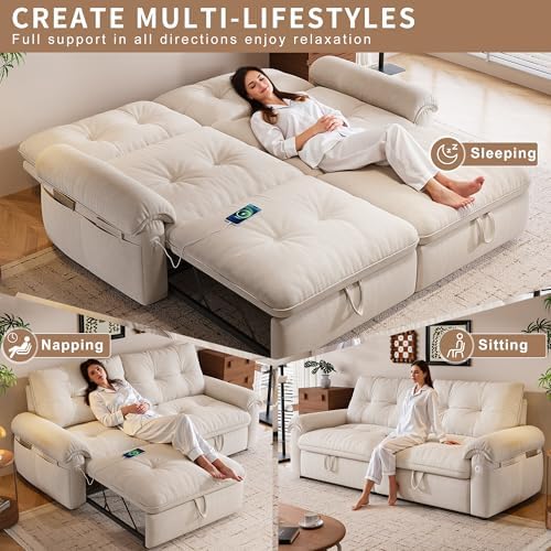 77.2" Sleeper Sofa Bed Full, Pre-Assembled Flannel Pull Out Sofa, Beige