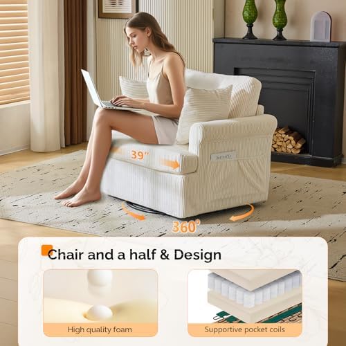 VINGL 39.2" Wide 360° Swivel Accent Armchairs with Pillows Set of 2, Oversized Single Sofas, Chair and a Half with Side Pockets and Wide armrest for Living Room, Bedroom, Reading Room, Corduroy Beige