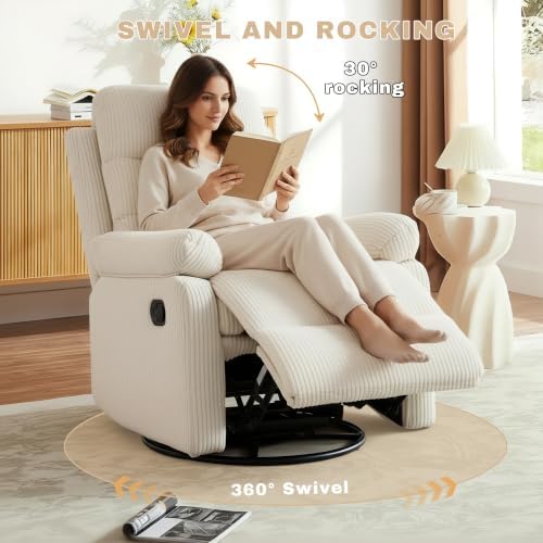 Rocking Recliner Chair,Modern Swivel Glider Recliner Chair,Corduroy Fabric Upholstery Recliner,Manual Reclining Sofa Chair for Living Room,Office,Apartment (Beige)