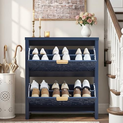 Shoe Cabinet with Flip Drawers, Narrow Shoe Storage Cabinet, 2-Tier Hidden Shoe Organizer with Floral Embossed for Entryway, Mid-Century Modern Slim Shoes Storage for Hallway Foyer (1, Midnight Blue)