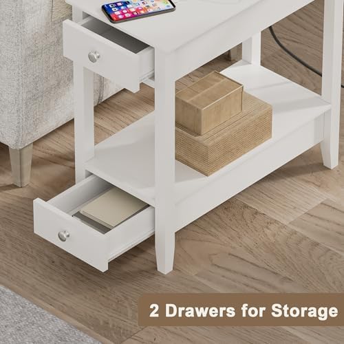 End Tables Living Room Set of 2 with Charging Station and 2 Drawers