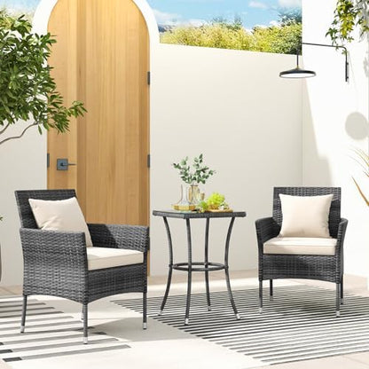 Tangkula 3-Piece Patio Furniture Set, PE Wicker Conversation Bistro Set w/A Tempered Glass Table & 2 Cushioned Chairs, Outdoor Table & Chairs Set for Patio Porch Yard Garden (Mix Gray+Off White)