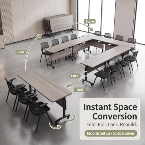 Modern Conference Table, Folding Modular Conference Room Tables with Wheels, Flip Top Mobile Training Table for 6-12 People, Foldable Rectangle Meeting Seminar Tables for Office(Elm, 4PCS 47.2in)