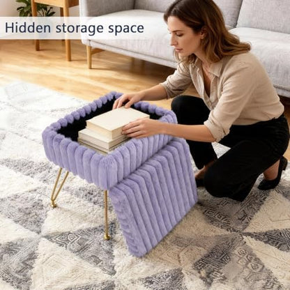 Vanity Stool Chair with Storage, Faux Fur Soft Padded Ottoman with Coffee Table, Modern Vanity Chair Fluffy Footstool with Metal Legs for Makeup, Living Room, Bedroom Purple
