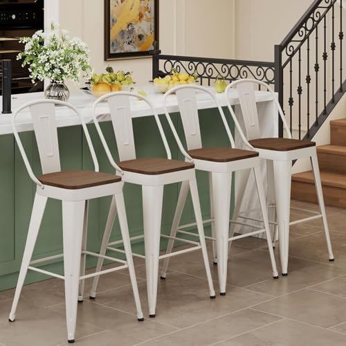 Metal Bar Stools Set of 4,24" Counter Height with Backs,Off White