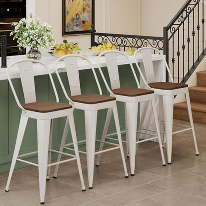 Metal Bar Stools Set of 4,24" Counter Height with Backs,Off White