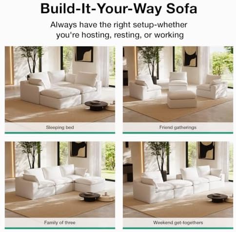 Novilla Modular Cloud Couch, Modern Sectional Sofa with Smarts Coil® Support, Chenille Fabric, Upholstered Couch for Living Room Apartments Bedroom, No Assembly, Ottoman, White