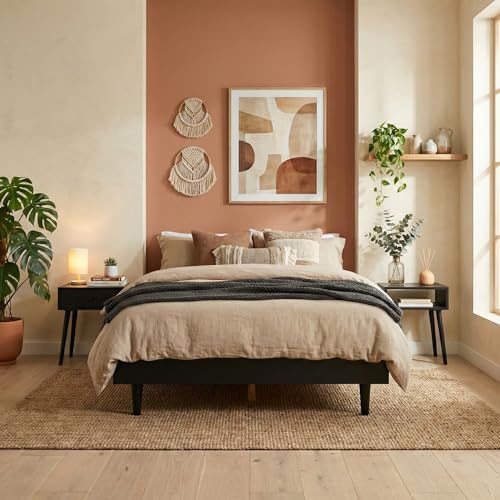 Fly Wooden Bed Frame Without Headboard, Solid Oak and Rubber Wood Foundation with Silent Slats and Wood Central Supports, 1000 Lb Capacity, Effortless Assembly, King - Burnt Black