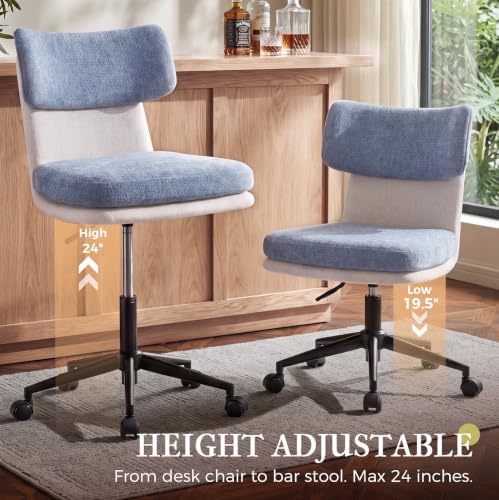 COMHOMA Home Office Desk Chairs with Ergonomic Curved Backrest, Mid Century Modern Vanity Chair with Wheel for Bedroom, Chenille Upholstered, Blue