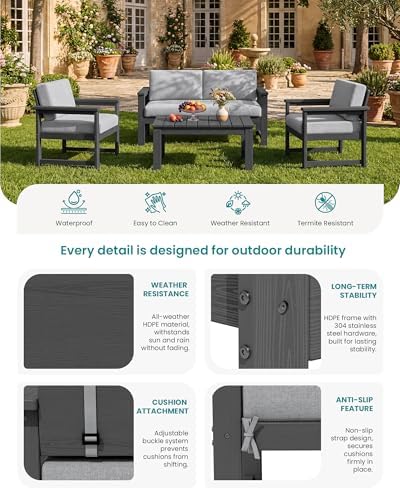 SERWALL 4 Pieces HDPE Outdoor Conversation Sofa Set with Cushions