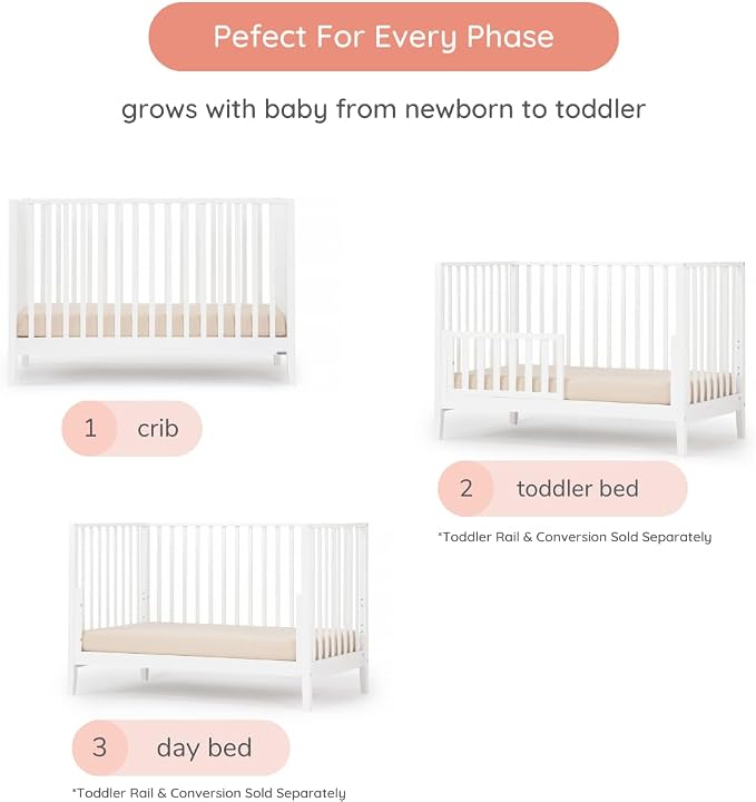 dadada Baby LaLa 3-in-1 Convertible Crib- Converts to Toddler Bed & Daybed- Adjustable Mattress Height – 3 Positions - Made in Italy - Solid Beechwood (White)