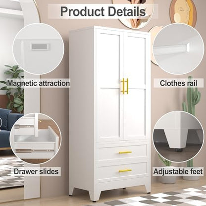 RIETERN Metal Armoire Wardrobe Closet, 71" Tall White Bedroom Closet