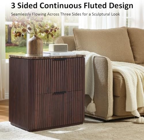 Curved Fluted Nightstand Set of 2, Faux Marble Top, Dark Oak
