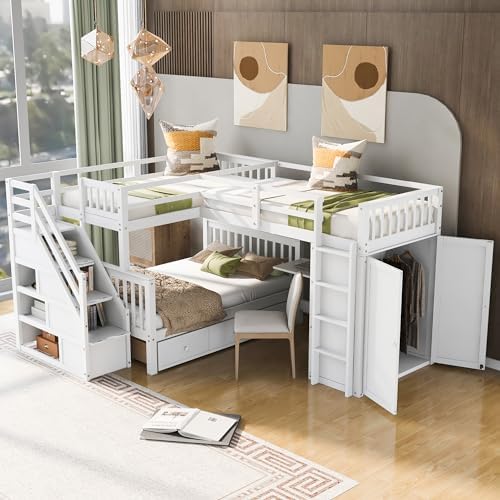 Twin-Twin Over Full L-Shaped Bunk Bed with 3 Drawers, Portable Desk and Wardrobe, Wood Bunk Bed with Loft Bed Attached for 3 Kids,No Box Spring Needed (White+Wardrobe/M, Twin-Twin Over Full)