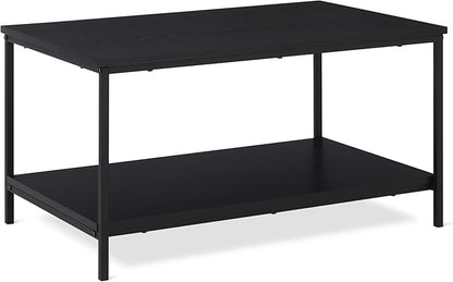 Amazon Basics Rectangular Coffee Table with Bottom Shelf, Living Room Centre Table, Easy to Assemble, 19.9" D x 31.5" W x 16.5" H, Black Woodgrain