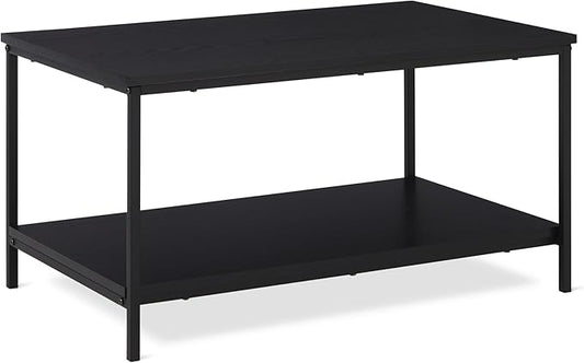 Amazon Basics Rectangular Coffee Table with Bottom Shelf, Living Room Centre Table, Easy to Assemble, 19.9" D x 31.5" W x 16.5" H, Black Woodgrain