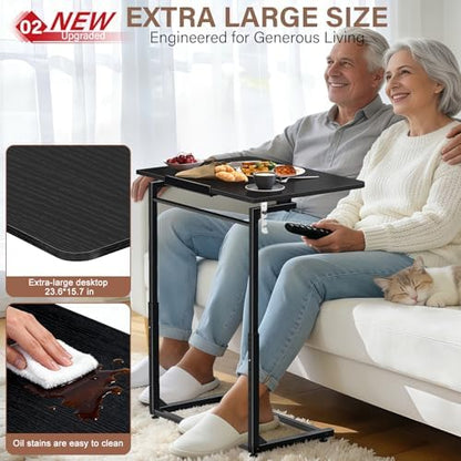 Extra Large Heavy Duty TV Tray Table, 23.6" Folding C-Shaped Laptop Desk for Couch & Bed, Height & Tilt Adjustable Overbed End Table with Phone/Tablet Slot, Easy Clean Black Finish for Small Spaces