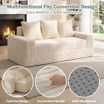 70" Convertible Sofa Bed, Corduroy Boneless Couch with Pocket