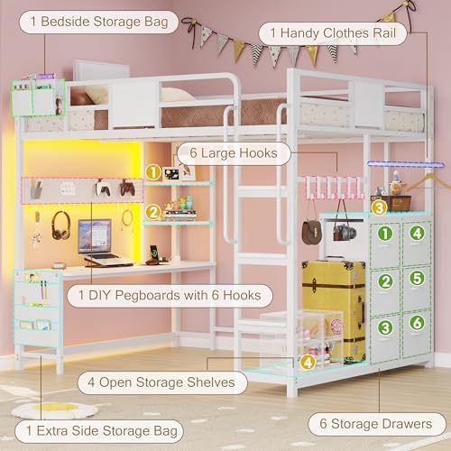 Full Size Loft Bed with Desk and 6 Storage Drawers, Full Loft Bed