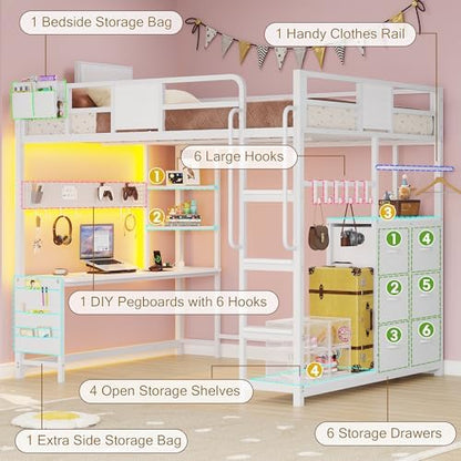 Full Size Loft Bed with Desk and 6 Storage Drawers, Full Loft Bed