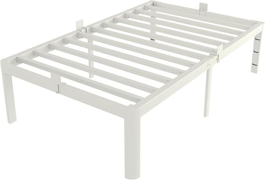 White Twin Size Bed Frames 16 Inch, Metal Platform Twin Bed Frame No Box Spring Needed, Heavy Duty Steel Support 3500 LBS, DIY Headboard, Round Legs, Noiseless, Storage Space, Easy Assembly
