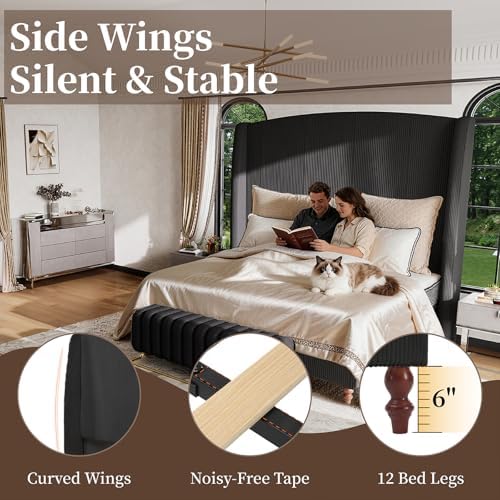 66" Extra Tall Cal King Size Bed Frame with Wingback Headboard, Black