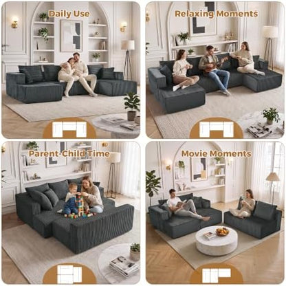 132" Boneless Couches for Living Room, U Shaped Modular Sectional Corduroy Comfy Cloud Memory Foam Deep Seat Boneless Sofa, No Assembly Required Couch for Living Room with Double Chaise, Gray