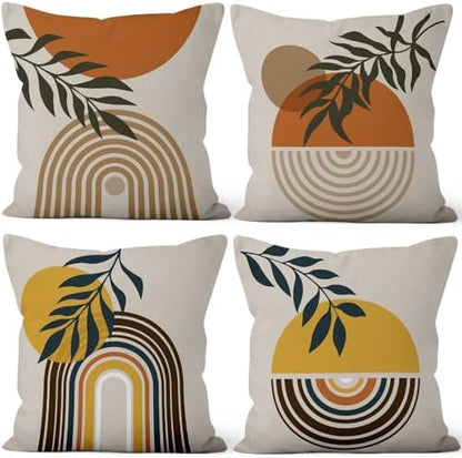Abstract Geometric Boho Throw Pillow Covers 16"x16" Set of 4, Morden Minimalist Art Aesthetic Leaves Boho Pillowcase for Sofa Chair Couch Bed Living Room Office Garden Patio Farmhouse