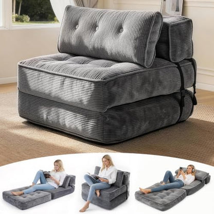 2 in 1 Folding Sofa Bed, Convertible Single Sleeper Chair with Back Support & Pillow, Multifunctional Fold Out Chair Bed for Small Space Living Room Bedroom Guest Office (Grey)