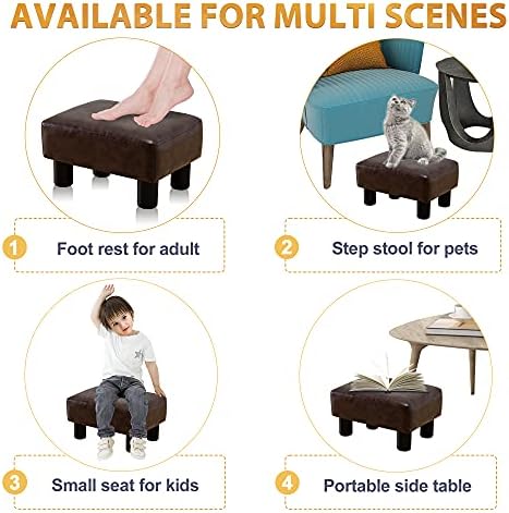 LUE BONA Small Rectangle Foot Stool, PU Leather Fabric Footrest Ottoman with Non-Skid Plastic Legs, Modern Rectangle Footrest Small Step Stool Ottoman for Couch, Desk, Office, Living Room, Brown