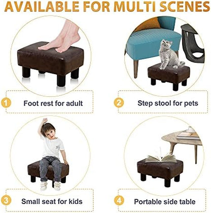 LUE BONA Small Rectangle Foot Stool, PU Leather Fabric Footrest Ottoman with Non-Skid Plastic Legs, Modern Rectangle Footrest Small Step Stool Ottoman for Couch, Desk, Office, Living Room, Brown