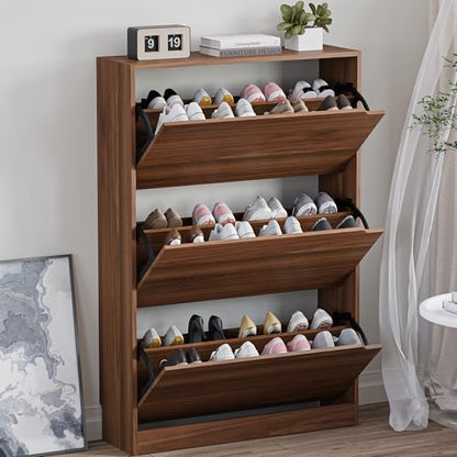 Wooden shoe rack with shoes on shelves in a room setting.