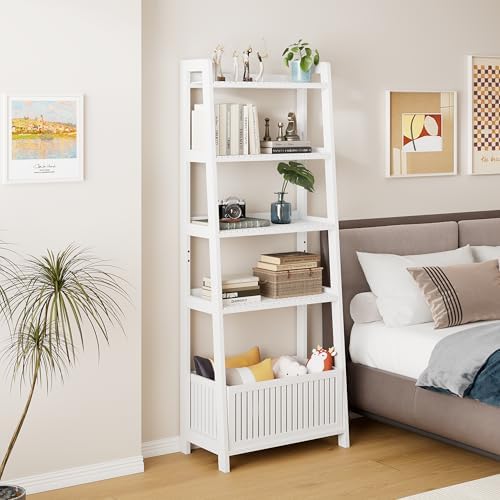 Bamboo White Bookshelf with Slatted Basket, Ladder Bookcase with 4 Display Shelves and 1 Open Storage Basket, Multifunctional Storage Rack Organizer for Home Office, Bedroom, Living Room, 66” H