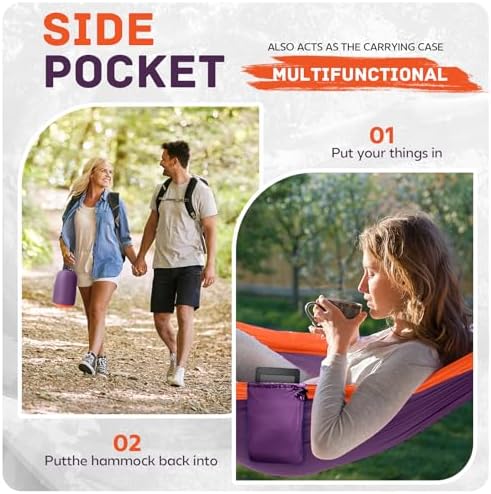 Camping Hammock Lightweight, Portable Hammocks Parachute Hammock with Two Tree Straps, Single or Double Travel Swing Nylon Camp Hammocks, Outdoor Essentials for Beach Backpacking Hiking, Orange
