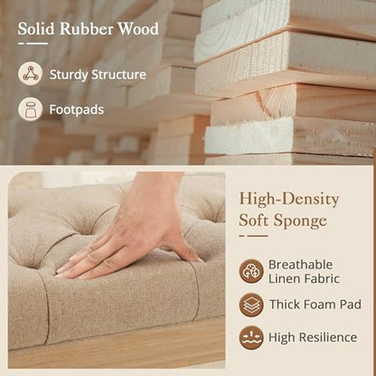LUE BONA Upholstered Fabric Vanity Bench Seat, Makeup Stools for Vanity, Square Tufted Ottoman Bench with Carved Wood Color Legs for Bedroom Living Room, Wheat Color