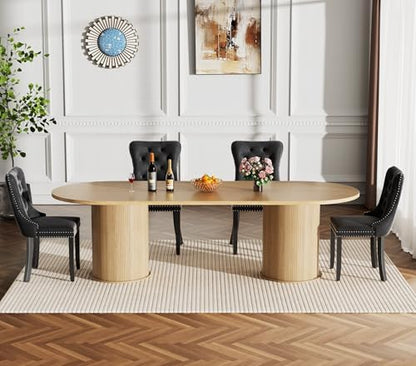 Oval Extendable Dining Table Set for 6, 7-Piece Extendable Kitchen Table Set with 6 Black Upholstered Chairs, Modern 63"-94" Expandable Dining Room Table Set with Storage Fluted Base for Kitchen