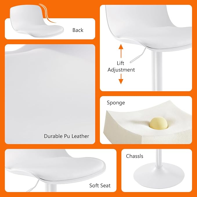 Kidol & Shellder Bar Stools Set of 2 Adjustable Swivel Counter Height Stools, Modern PU Leather Upholstered with Back Solid Color Barstools for Kitchen Island White