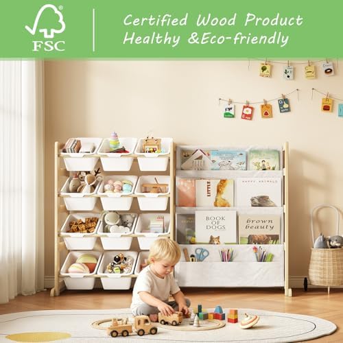 Toy Storage Organizer with Bookshelf, Kids Toy Organizer and Storage Shelf with 12 White Bins, Solid Pine Wood Book Rack for Playroom, Nursery, Kids Room, Toys and Books