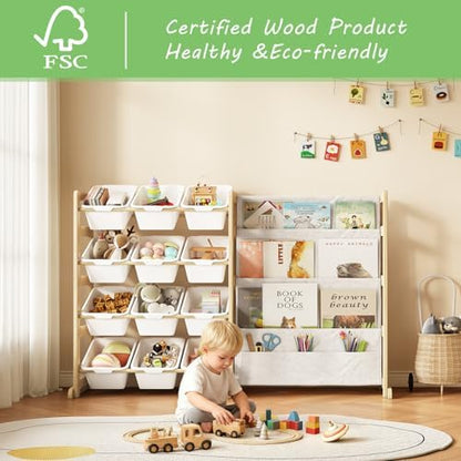 Toy Storage Organizer with Bookshelf, Kids Toy Organizer and Storage Shelf with 12 White Bins, Solid Pine Wood Book Rack for Playroom, Nursery, Kids Room, Toys and Books