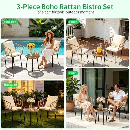 FDW 3 Pieces Patio Furniture Set, Patio Furniture Natural Rattan Patio Chairs Set with Coffee Table Cushion for Patio Porch Backyard Poolside Gardent, Beige
