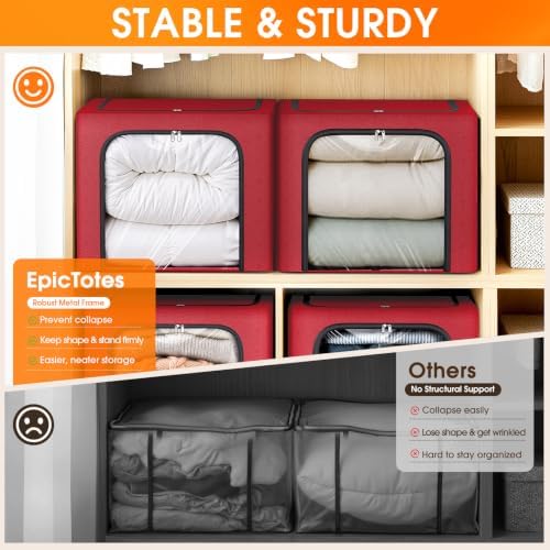 6 Pack Clothes Storage Bins with Metal Frame, Red, 40L