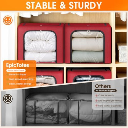 6 Pack Clothes Storage Bins with Metal Frame, Red, 40L