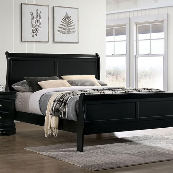 First of a Kind Louis Philippe Traditional Queen Size Bedroom Set 4 Piece Sleigh Design in Black Finish - Solid Wood Frame Elegant Classic Bedroom Furniture Set
