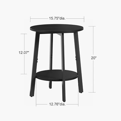 sthmec Side Table, Small Round End Table with Storage Shelf for Small Space, 2-Tier Black Bedside Table Sofa Couch Table, Round Accent Table Nighstands for Living Room, Bedroom, Black