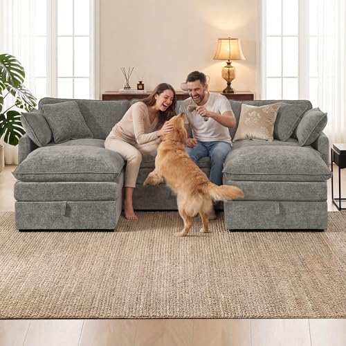 Myroyalsit Modular Sofa with Storage, 103" Shape Sectional Cloud Couch, Oversized Fabric Couch with Movable Ottoman, 5 Seat Modern Deep Seat Sofa for Living Room (Grey Chenille)