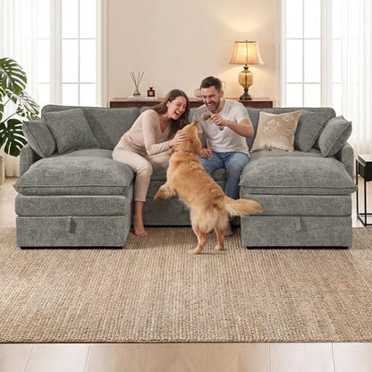 Myroyalsit Modular Sofa with Storage, 103" Shape Sectional Cloud Couch, Oversized Fabric Couch with Movable Ottoman, 5 Seat Modern Deep Seat Sofa for Living Room (Grey Chenille)