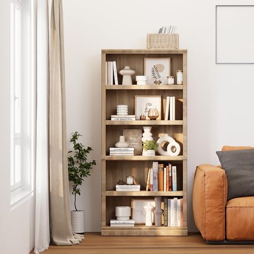 blini 5-Shelf Tall Bookcase Wooden Bookshelves 33in Wide Floor Standing Display Storage Book Shelves 70 in Oak Bookcase for Home Office, Living Room, Bed Room